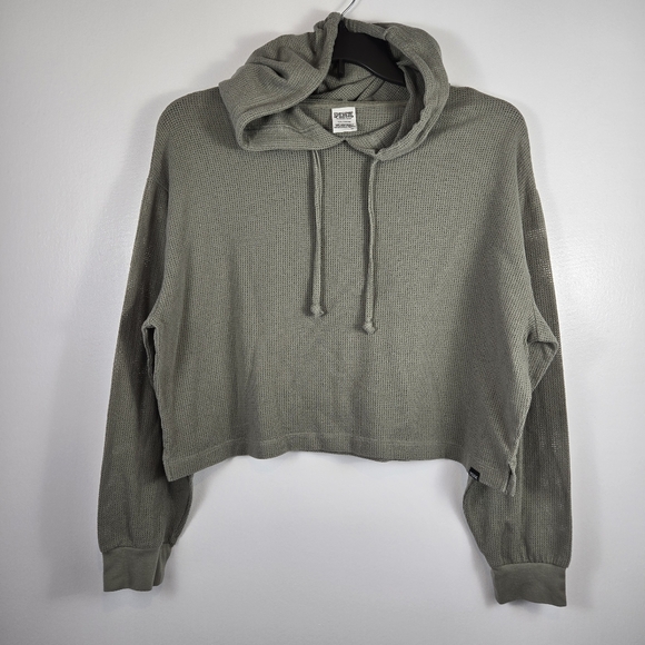 PINK Victoria's Secret Tops - PINK Victoria's Secret Mesh Olive Army Green Athletic Hoodie Crop Top Size Large